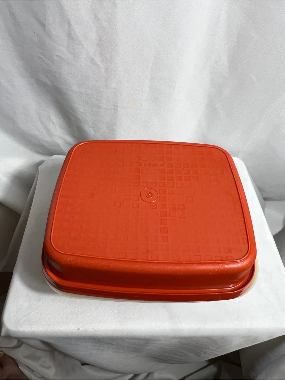 Vintage Tupperware Servalier Square Container Orange Red Sheer Lid Made USA